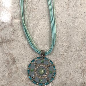 Pendant necklace, light blue/aqua/green/silver.